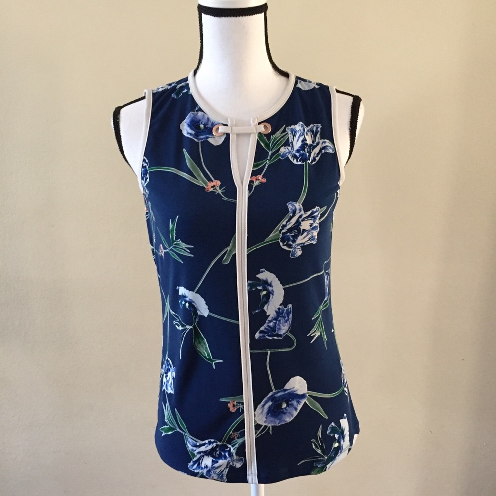 Women Career Blue Floral White Trim Sleeveless Blouse